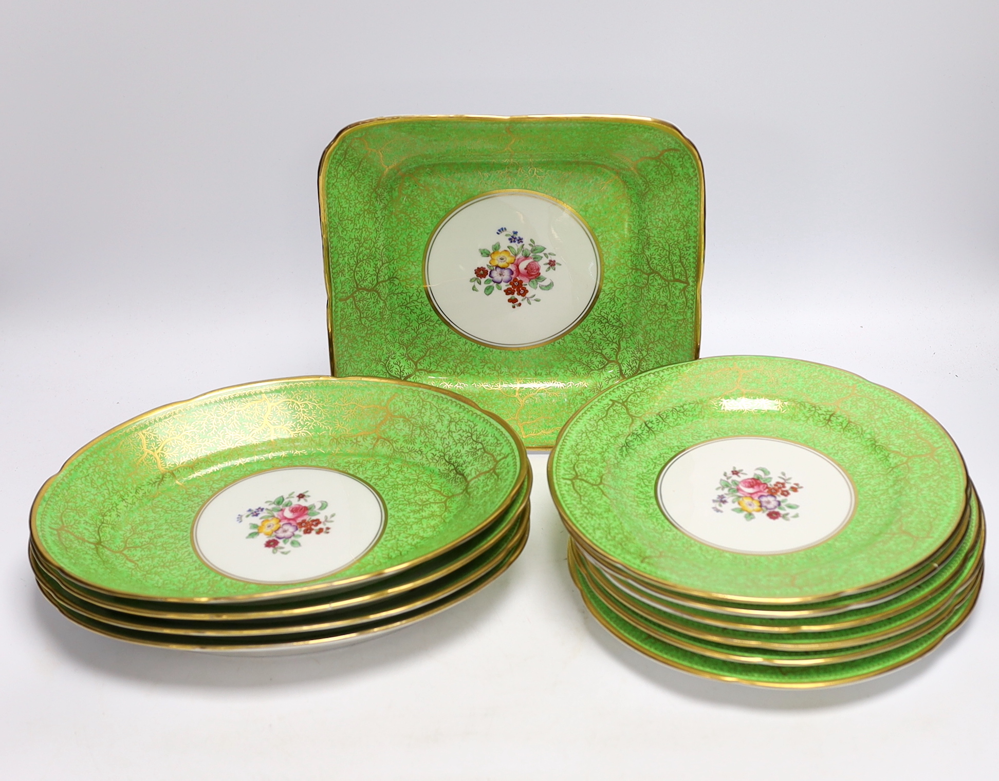 A Chelson China floral part dessert set, manufactured for Harrods, largest 26cm wide